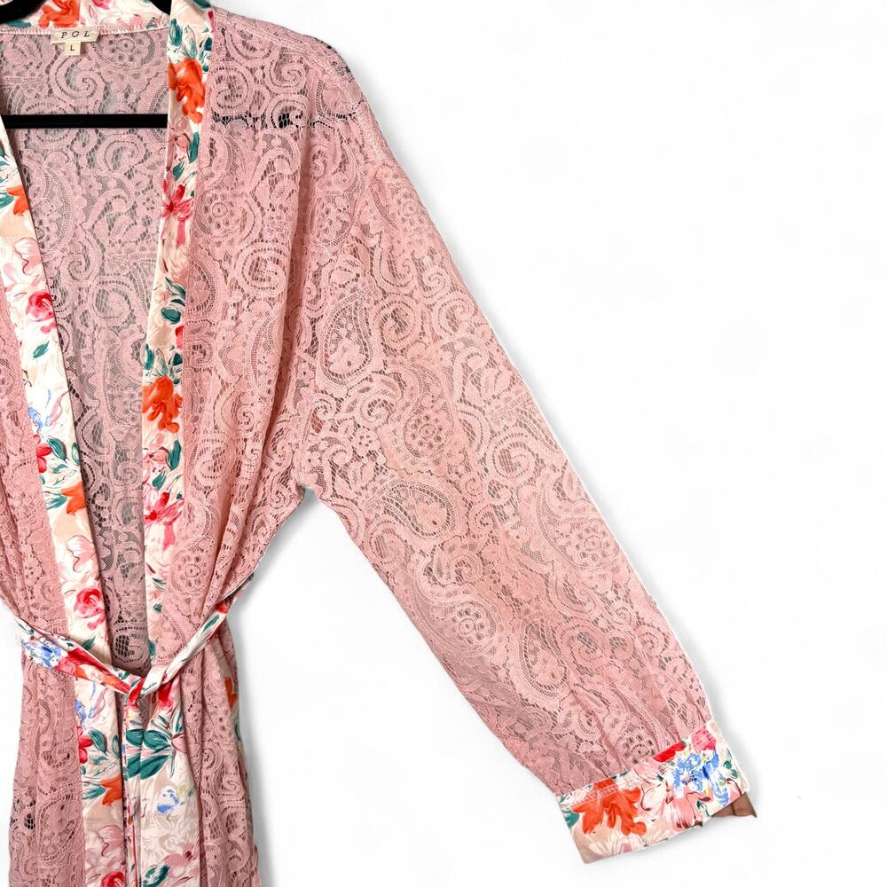 New POL‎ Pink Lace Duster Robe L Floral Trim Boho Coquette Cottagecore Kimono - Picture 3 of 9